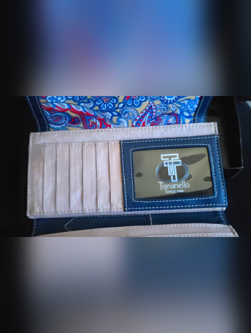 Tignanello Blue Women's Leather Flap Wallet with Silver Logo Plaque - Picture 4 of 9